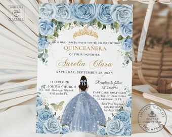 May include: Blue and gold Quinceañera invitation with a watercolor floral design. The invitation features a crown, a silhouette of a girl in a blue dress, and the text "MR. & MRS. GARCÍA INVITE YOU TO CELEBRATE THE QUINCEAÑERA OF THEIR DAUGHTER Aurelia Clara SATURDAY, SEPTEMBER 23, 20XX".