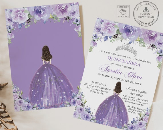 Quinceanera Invitation, Princess Quinceañera Invitation Template, Purple  Lace & Silver Glitter, Elegant Quinceanera Printable, Mis Quince 