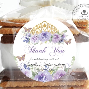 EDITABLE TEMPLATE 2" Circle Favor Label, Purple Lilac Floral Gold Crown Butterflies Quinceaneara 15th Birthday Sweet 16 INSTANT Download QC3