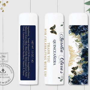 Navy Blue Floral Gold Crown Lip Balm Labels Printable EDITABLE TEMPLATE 4g Lip Gloss Quinceañera  Birthday Sticker Favors Printable QC17