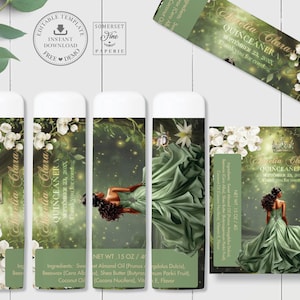 May include: Lip balm tubes and a card feature a quinceañera theme with a woman in a green gown, white flowers, and the text "Amelia Clara Quinceañera." The design includes a crown and a forest background. The net weight is 15 oz.