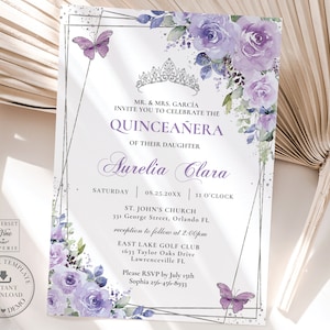 Purple Lilac Floral Silver Quinceañera Invitation Printable EDITABLE TEMPLATE Butterflies Mis Quince 15 Anos 16th Birthday DIY Invite QC3