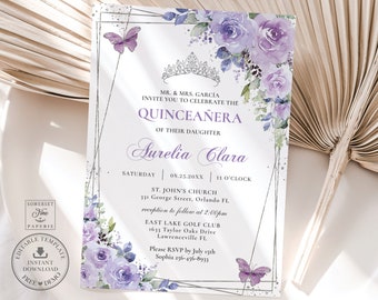 Purple Lilac Floral Silver Quinceañera Invitation Printable EDITABLE TEMPLATE Butterflies Mis Quince 15 Anos 16th Birthday DIY Invite QC3