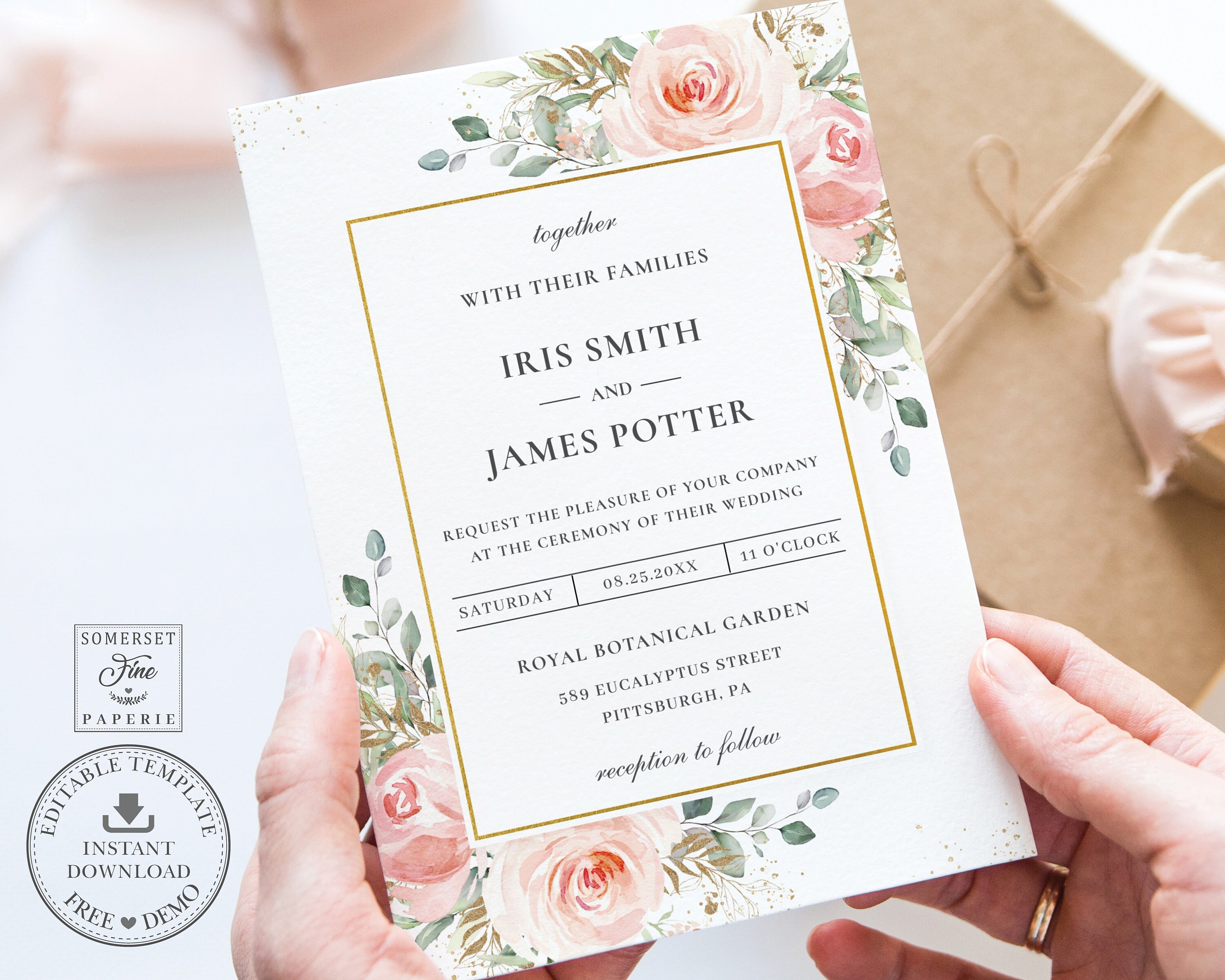 EDITABLE TEMPLATE Floral Wedding Invitation Blush Pink