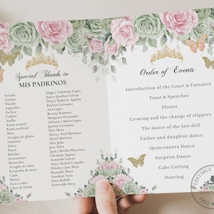 Sage Green Pink Floral Gold Butterflies Quinceañera Program Printable EDITABLE TEMPLATE Padrinos Damas Order of Events Quince Birthday QC49