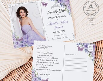 May include: A purple and white save the date postcard featuring a photograph of a young woman in a lavender dress. The text reads "Save the Date for the Quinceañera of Aurelia Clara Garcia 08.20.YY Lawrenceville FL".