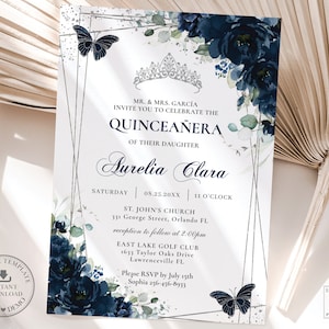 Navy Blue Floral Butterflies Silver Quinceañera Invitation INSTANT DOWNLOAD, Mis Quince 15 Anos 16 Birthday EDITABLE Template Printable QC17