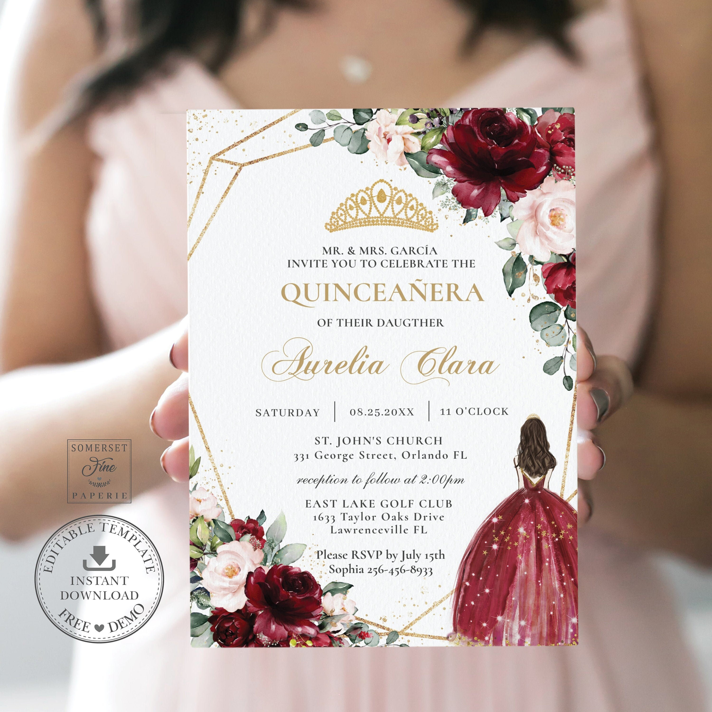 Invitations QC7 Chic Blush Pink Floral Quincea era Invitation Printable 