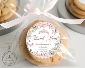 EDITABLE TEMPLATE 2" Circle Round Favor Label Pink Cherry Blossoms Floral Rose Gold Quinceañera XV Birthday Sweet 16 Printable Download QC46