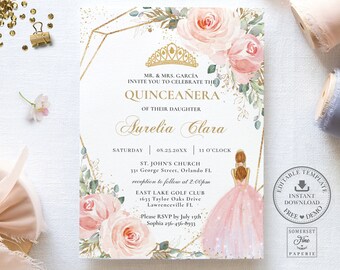 Könnte beinhalten: Eine rosafarbene und goldene Quinceañera-Einladung mit floralem Design. Die Einladung zeigt eine Krone, eine Silhouette eines Mädchens in einem rosafarbenen Kleid und den Text "MR. & MRS. GARCÍA INVITE YOU TO CELEBRATE THE QUINCEAÑERA OF THEIR DAUGHTER AURELIA CLARA SATURDAY | 08.25.20XX | 11 O'CLOCK ST. JOHN'S CHURCH 331 George Street, Orlando FL reception to follow at 2:00pm EAST LAKE GOLF CLUB 1633 Taylor Oaks Drive Lawrenceville FL Please RSVP by July 15th Sophia 256-456-8933".