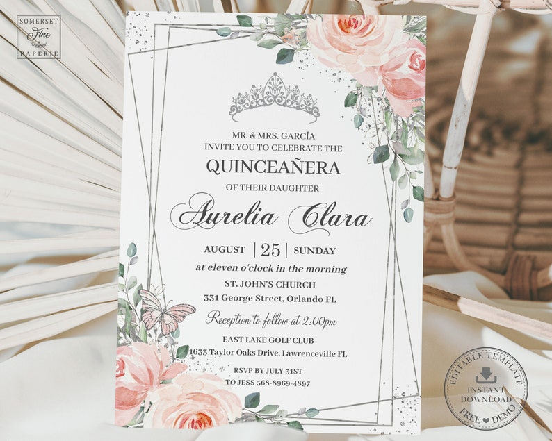 Chic Blush Pink Floral Silver Quinceañera Invitation Printable Etsy