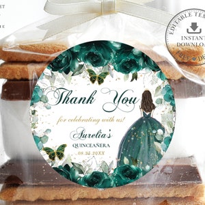 EDITABLE TEMPLATE 2" Circle Favor Label, Emerald Green Floral, Quinceaneara 15th Birthday Sweet 16 Tiara Printable INSTANT Download Pdf QC9