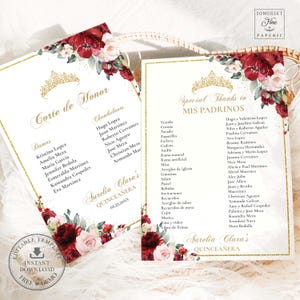 Red Blush Pink Floral Gold Quinceañera xv Mis Padrinos List Printable EDITABLE TEMPLATE Court Corte de Honor Birthday INSTANT Download QC88