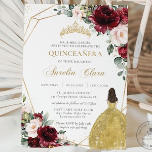 Borgoña Blush Floral Oro Vestido Quinceañera Invitación DESCARGA INSTANTE, Mis Quince 15 Anos 16th Cumpleaños Plantilla Editable Imprimible, QC22