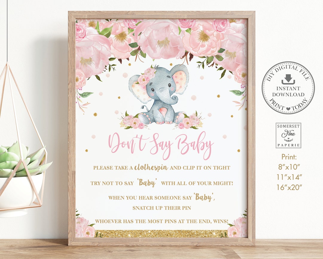 Elephant Don't Say Baby Game Sign, INSTANT DOWNLOAD, Pink Floral Jungle ...