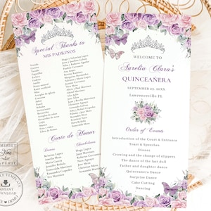May include: Two elegant quinceañera invitations with floral and butterfly designs. The invitations feature text in purple and white, including the name "Aurelia Clara's" and event details. The design includes a floral border with roses.