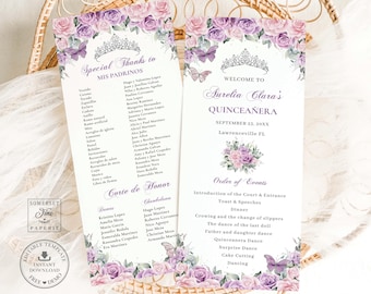 EDITABLE Slim Purple Lilac Pale Pink Floral Roses Floral Silver Quinceanera Program Quince Birthday Order of Events Padrinos Download QC58