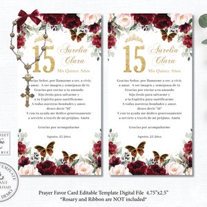 Prayer Card Rosary Favors Burgundy Blush Floral EDITABLE TEMPLATE Quinceañera Quince 15 XV Birthday Gold Butterflies Printable Download QC1