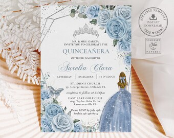 EDITABLE Baby Blue Floral Blonde Girl Silver Quinceañera Invitation Quince 15 XV Sweet 16 Birthday Invite Printable INSTANT Download QC18