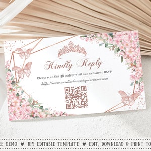 EDITABLE Cherry Blossoms Pink Floral Rose Gold Butterflies Quinceañera RSVP Card QR Code Quince 15 Sweet 16 Birthday Printable Download QC46