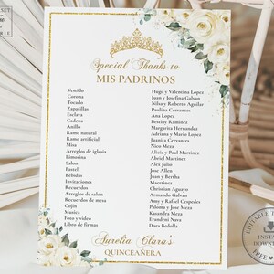White Ivory Floral Gold Quinceañera Mis Padrinos List Printable ...