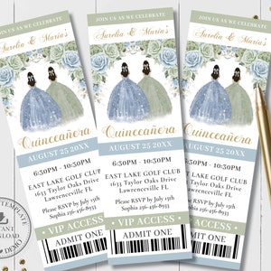 EDITABLE Template Sage Green Baby Blue Floral Twins Quinceañera VIP Ticket Invitation Quince 15 xv Birthday Instant Download Printable QC80