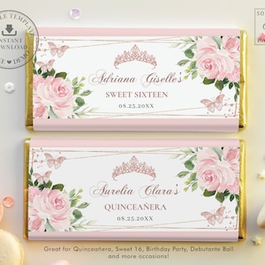 May include: Pink and gold chocolate bar wrappers with floral designs and gold crowns. The text on the wrappers reads "Adriana Giselle's Sweet Sixteen 08.25.20XX" and "Aurelia Clara's Quinceañera 08.25.20XX".