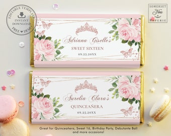 Pink Floral Rose Gold Chocolate Bar Wrapper EDITABLE TEMPLATE Quinceanera Sweet 16 Birthday Aldi Hershey's Candy Label Printable QC98