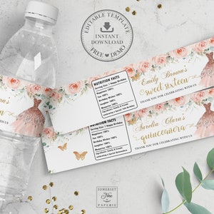 Blush Floral Rose Gold Dress Sweet 16 Water Bottle Label, EDITABLE TEMPLATE, Quinceanera 16th Birthday Wrapper Sticker Printable INSTANT QC7