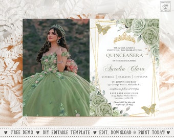 May include: A Quinceañera invitation with a gold geometric frame and green floral accents. The invitation features a gold crown, butterflies, and the text "MR. & MRS. GARCIA INVITE YOU TO CELEBRATE THE QUINCEAÑERA OF THEIR DAUGHTER Aurelia Clara SATURDAY | 08.25.20XX | 11 O'CLOCK ST. JOHN'S CHURCH 331 George Street, Orlando FL. reception to follow at 2:00pm EAST LAKE GOLF CLUB 1633 Taylor Oaks Drive Lawrenceville FL. Please RSVP by July sch Sophia 216-496-8933"