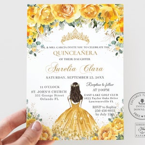 Invitación de Quinceañera Floral Amarilla Imprimible DESCARGA INSTANTE, Mis Quince 15 Anos Cumpleaños Invitar Tiara Rosas Diy Plantilla Editable, QC15