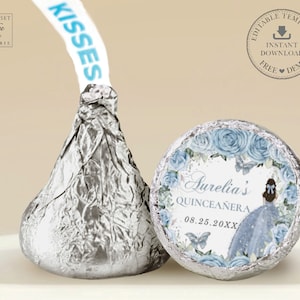 EDITABLE TEMPLATE Hershey's Kisses Round Label Printable Baby Blue Floral Princess Quinceaneara 15 Birthday Sweet 16 INSTANT Download QC18
