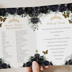 Black Floral Roses Gold Butterflies Quinceañera Program Printable EDITABLE TEMPLATE Padrinos Damas Order of Events Quince 15 Birthday QC25