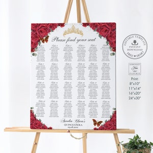 Red Roses Floral Gold Butterflies Quinceañera Seating Chart 24 Tables Printable EDITABLE TEMPLATE Mis Quince 15 XV 18th 16th Birthday QC19