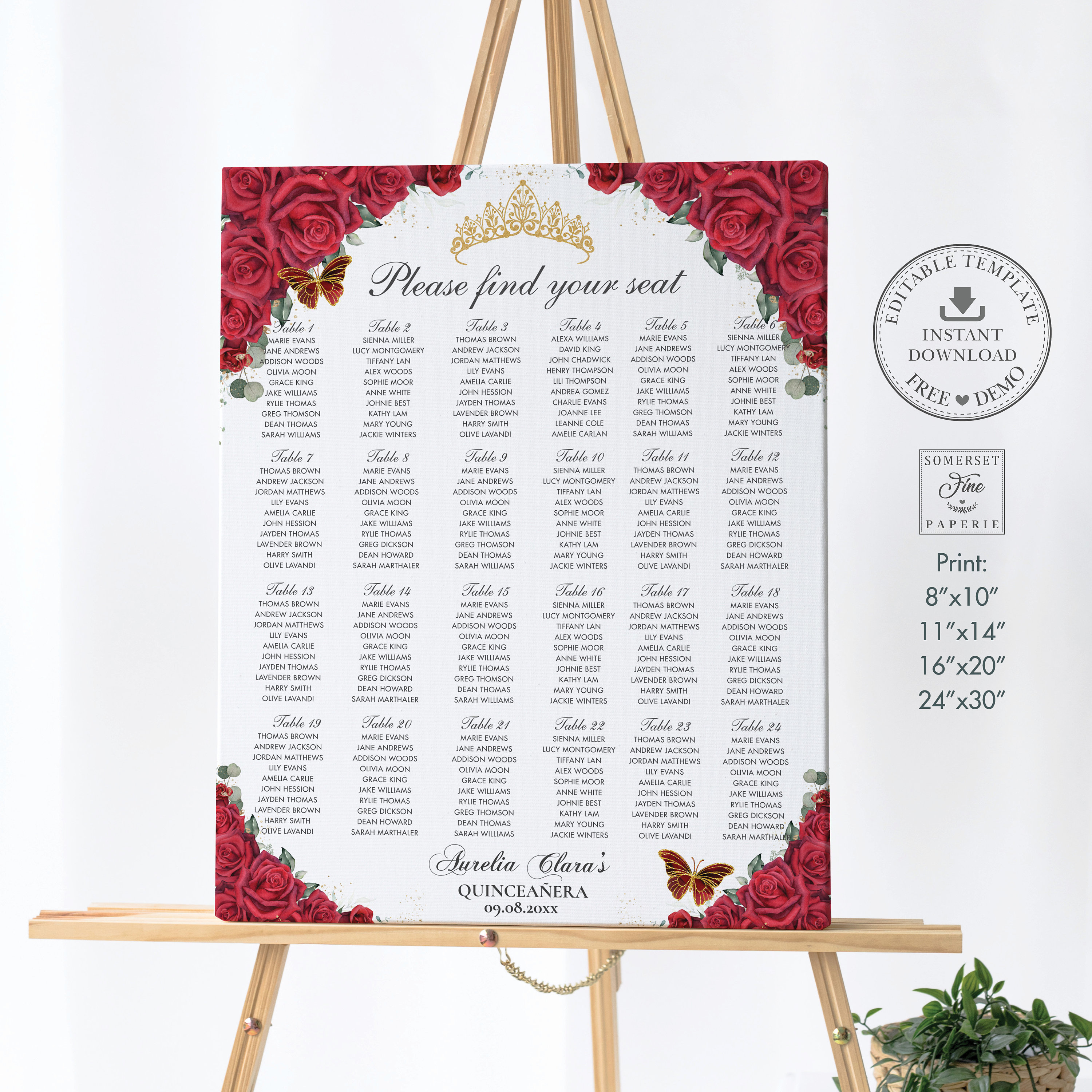 Red Roses Floral Gold Butterflies Quinceañera Seating Chart 24 Tables Printable EDITABLE TEMPLATE Mis Quince 15 XV 18th 16th Birthday QC19