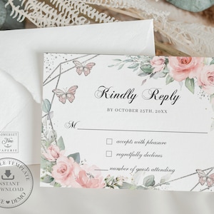 Blozen roze bloemen vlinders zilveren Quinceañera RSVP kaart afdrukbare BEWERKBARE SJABLOON Mis Quince 15 Diy 16e verjaardag Instant Download, BP1