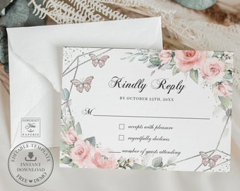 Könnte beinhalten: Eine weiße RSVP-Karte mit geometrischem Design und floralen Akzenten. Der Text "Kindly Reply" ist in schwarzer Schreibschrift gedruckt. Die Karte enthält einen Bereich für den Namen des Gastes, ein Kontrollkästchen zum Akzeptieren oder Ablehnen der Einladung und einen Platz, um die Anzahl der teilnehmenden Gäste anzugeben. Die RSVP-Frist ist der 25. Oktober 20XX.
