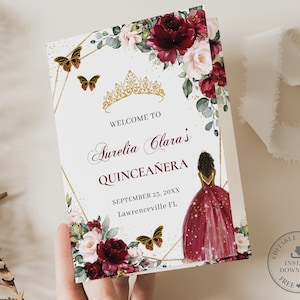 Burgundy Blush Floral Brown Princess Butterflies Quinceañera Program Printable EDITABLE TEMPLATE Padrinos Damas Order of Events Birthday QC1
