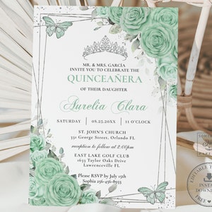Mint Green Floral Silver Butterflies Quinceañera Invitation EDITABLE Template Mis Quince XV Sweet 16 Birthday Invite Printable Download QC89