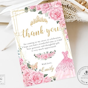 Pink Roses Floral Dress Gold Sweet Sixteen Quinceañera Thank You Card EDITABLE TEMPLATE Butterflies Crown 15 XV 16th Birthday Printable QC24