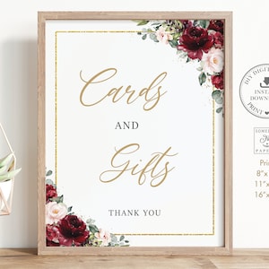 Cartões e presentes assinam para impressão, DOWNLOAD INSTANTÂNEO, Borgonha Blush Rosa Floral Chá de panela Casamento Bebê Festa de Aniversário Aniversário PDF, RB1