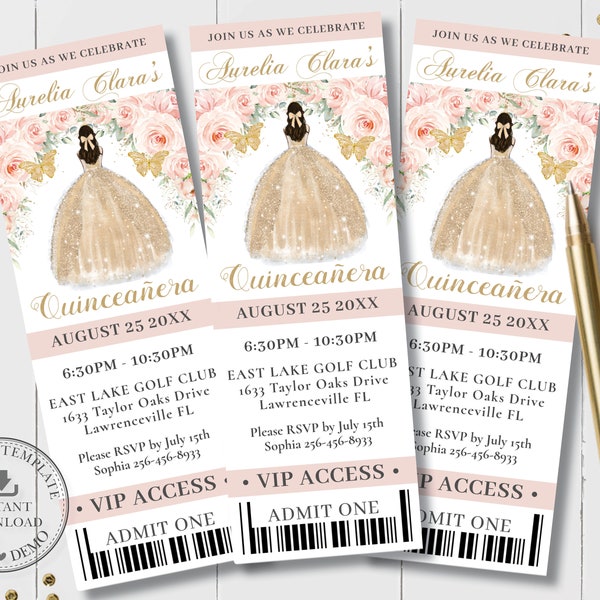 EDITABLE TEMPLATE Soft Blush Floral Champagne Dress Princess Butterflies Quinceañera VIP Ticket Invitation Quince 15 Birthday Printable, QC7