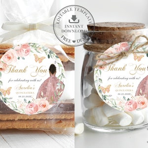 EDITABLE TEMPLATE 2&quot; Circle Favor Label Blush Pink Floral Brown Princess Quinceaneara 15th XV Birthday Sweet 16 Gold Printable Download QC7