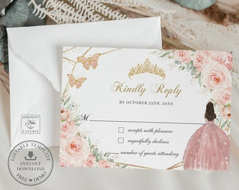 Könnte beinhalten: Eine weiße RSVP-Karte mit einem goldenen geometrischen Design und rosa floralen Akzenten. Die Karte zeigt eine goldene Krone, Schmetterlinge und eine Silhouette eines Mädchens in einem rosa Kleid. Der Text auf der Karte lautet "Kindly Reply by October 25th, 20XX".