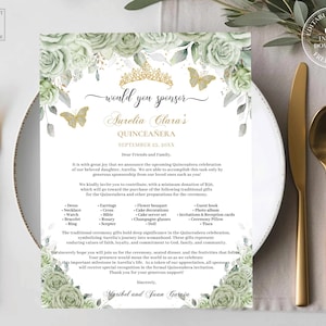 May include: A green and gold Quinceañera invitation with a floral design and butterflies. The text reads "would you sponsor Surelia Clara's Quinceañera September 23, 20XX".