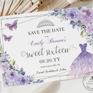 Purple Lilac Floral Silver Quinceañera Save the Date Card INSTANT DOWNLOAD Princess Crown Quince Sweet 16 Birthday EDITABLE Template QC3