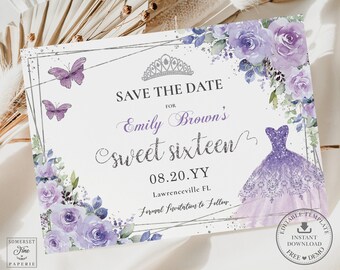 May include: Purple and silver save the date card with a floral design, a crown, butterflies, and the text "Save the Date for Emily Brown's Sweet Sixteen 08.20.YY Lawrenceville FL Formal Invitation to Follow."