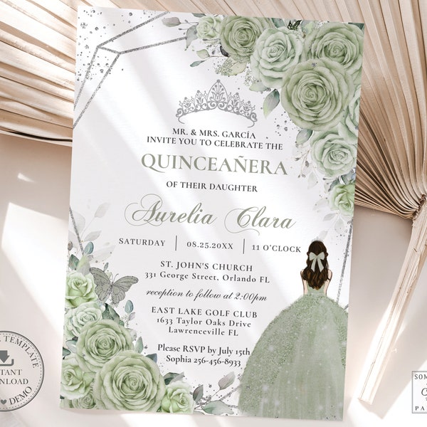 Sage Green Floral Silver Quinceañera Invitation, INSTANT DOWNLOAD, Mis Quince 15 Anos Birthday Invite Printable, Diy EDITABLE Template, QC43