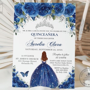 Convite Floral Azul Royal Quinceañera para impressão, MODELO EDITÁVEL, Cabelo Ruivo Prata Tiara Quince 15 Anos Aniversário Download INSTANTÂNEO QC16
