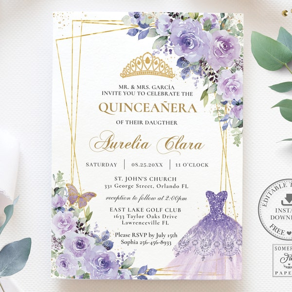 Purple Lilac Floral Quinceañera Invitation INSTANT DOWNLOAD, Dress Princess Mis Quince 15 Anos 16th Birthday Editable Template Printable QC3